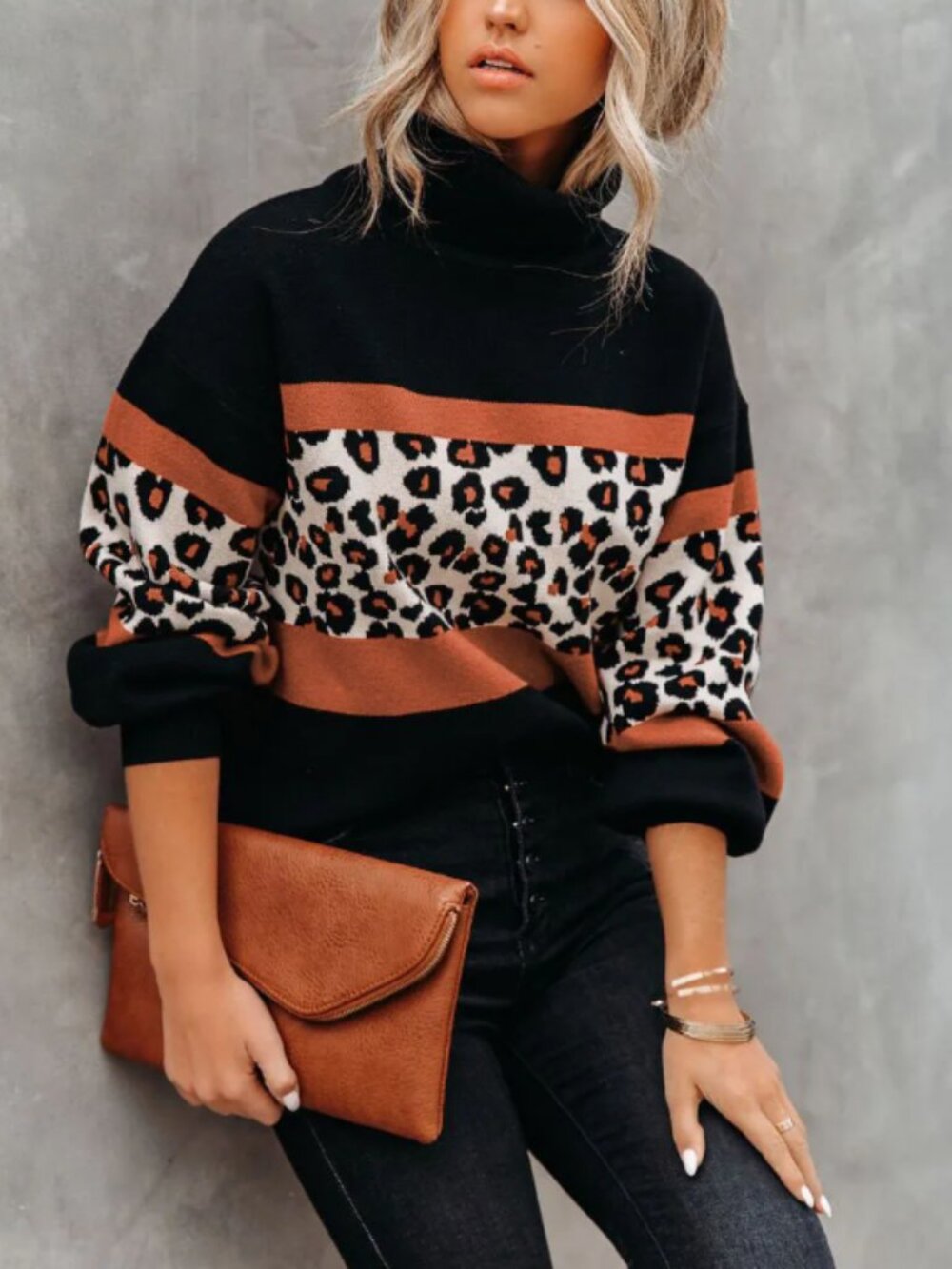 Skies Are Blue Black & Camel Brown Leopard Print Turtleneck Sweater S